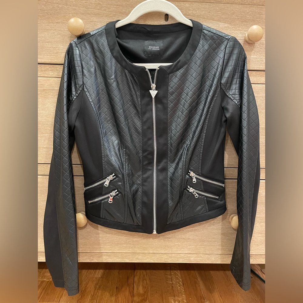 Guess Women's Black Quilted Faux Leather Jacket